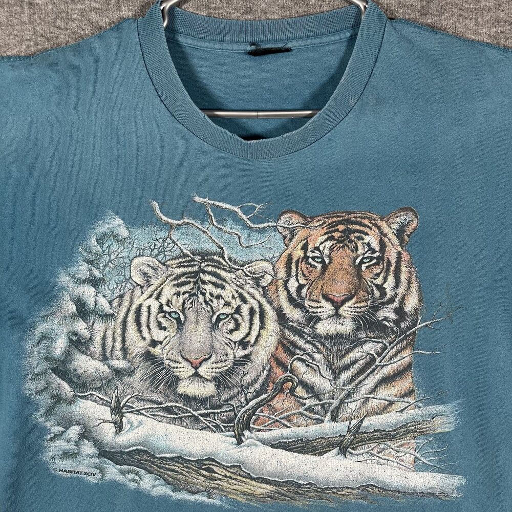 Vintage Habitat Shirt Mens XL Blue Tiger Snow Wildlife Graphic Tee 1994